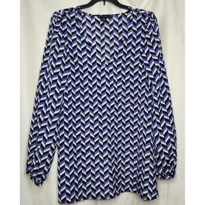 Womens Tunic Blouse M Blue Black White Chevron V-Neck Long Sleeve Top